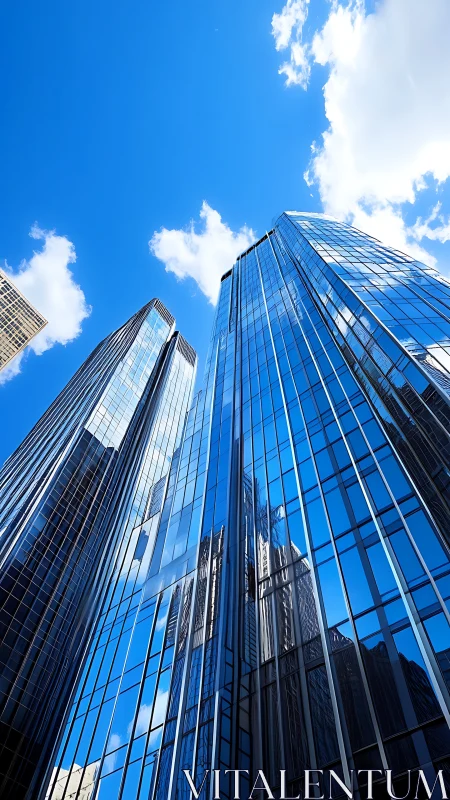 Skyward glass towers mirroring clouds in vivid blue daylight.