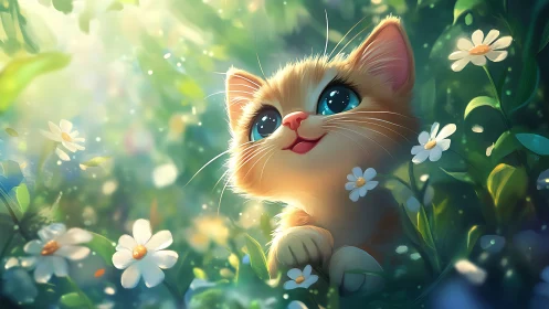 Playful Orange Kitten Surrounded by Blooming Flowers and Soft Sunlight