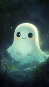 Gentle glowing ghost smiles softly in a moonlit forest