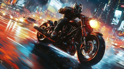 Motorcycle rider cuts through neon soaked cyberpunk city rain