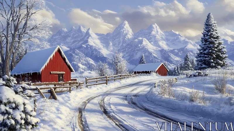 Snow-covered farm road curves toward red barns and mountains