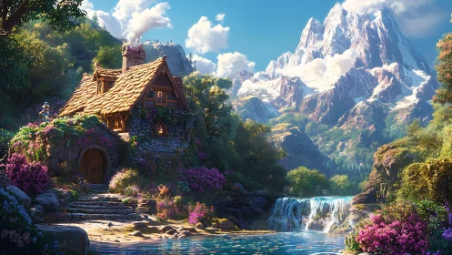 Alpine cottage beside tiered waterfall in luminous fantasy valley.