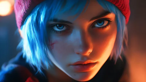 Close frontal portrait of blue haired character in beanie.