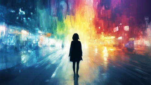 Silhouetted figure crosses neon-saturated abstract city corridor