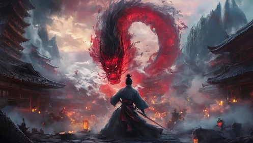 Crimson dragon spiral over lone warrior in burning city.