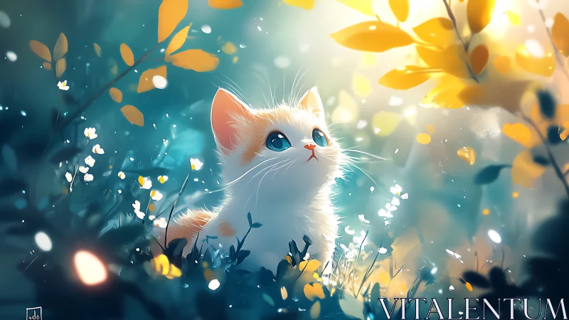 Luminous Kitten in Autumnal Garden: Digital Illustration.
