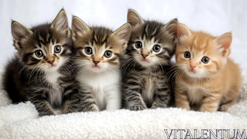 Four Adorable Kittens Sitting Together on Soft White Bedding