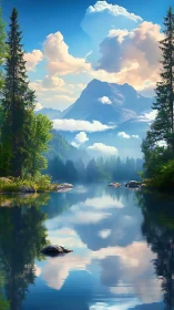 Mountain lake with conifer forest and reflected cloud layers.