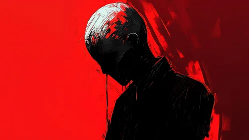 Solitary figure in bold red light and shadowed mystery.