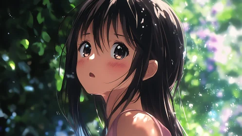 Sunlit garden gaze with shy anime girl and drifting light.