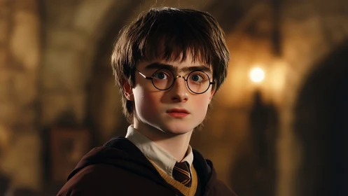 Young wizard student in robe with glasses, indoors scene.