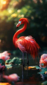 Vivid red flamingo standing in shallow water at sunset.