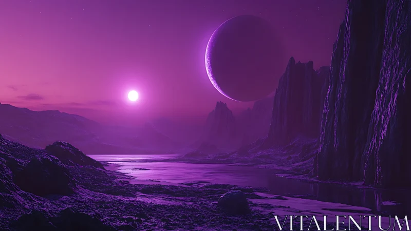 Alien violet canyon under twin moons and frozen river.