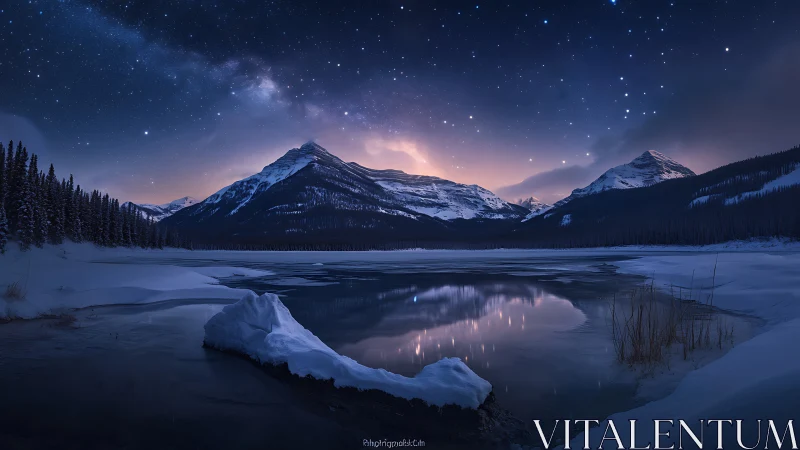 Nocturnal alpine lake under stellar arc and snowbound peaks.