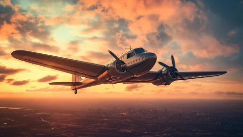 Vintage twin engine propeller airplane flies over city at dusk