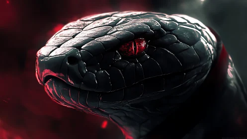 Mesmerizing crimson-eyed serpent bathed in dramatic glow.