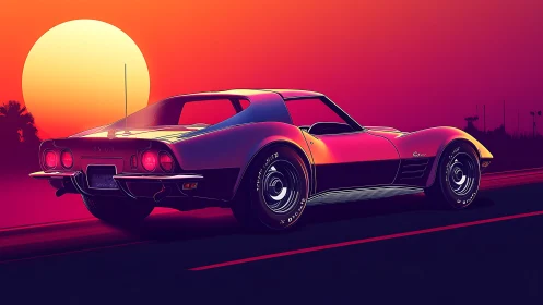 Retro sports car cruising under neon sunset glow.