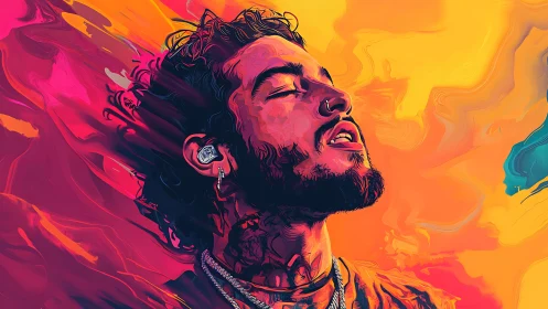 Vibrant digital portrait of man immersed in neon soundscape.