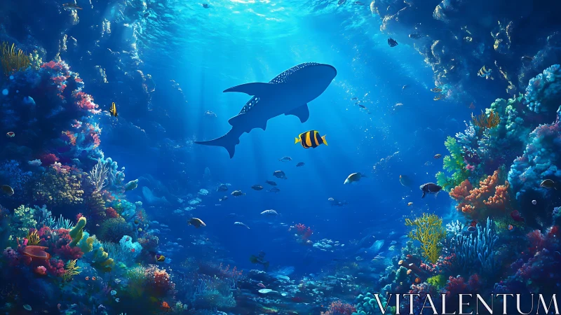 Whale shark glides through a sunlit cathedral of coral