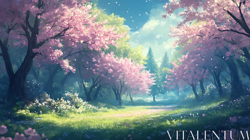 Blossom-lit woodland glade where drifting petals paint silence.