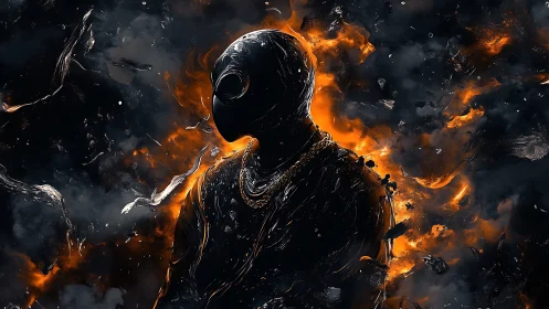 Molten humanoid figure in burning cosmic darkness scene.