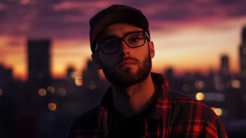 Pensive young man stands against a glowing city sunset skyline