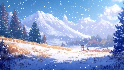 Digital painting of alpine meadow under early winter snowfall.