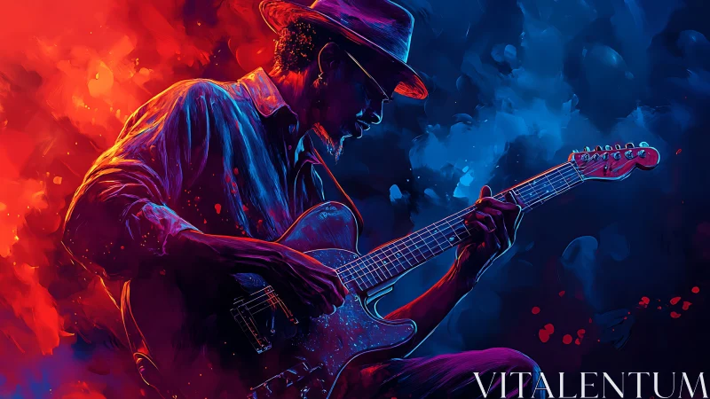 Silhouetted guitarist plays electric guitar amid split-color field