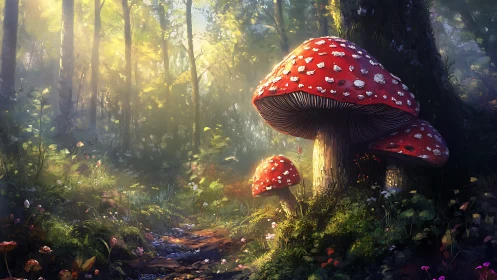 Colossal crimson mushrooms quietly crown a sunlit forest path