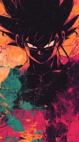 High-contrast anime warrior silhouette over grunge splatter field