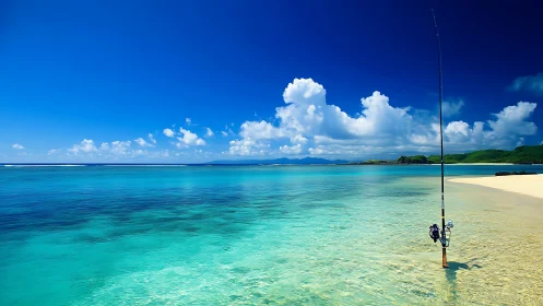 Solitary fishing rod stands on clear tropical shoreline
