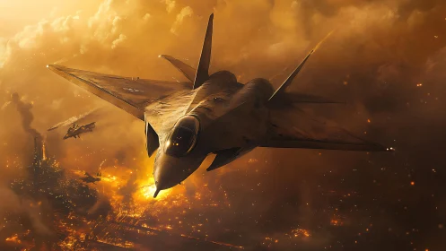 Stealth jet aircraft over illuminated urban conflict zone.