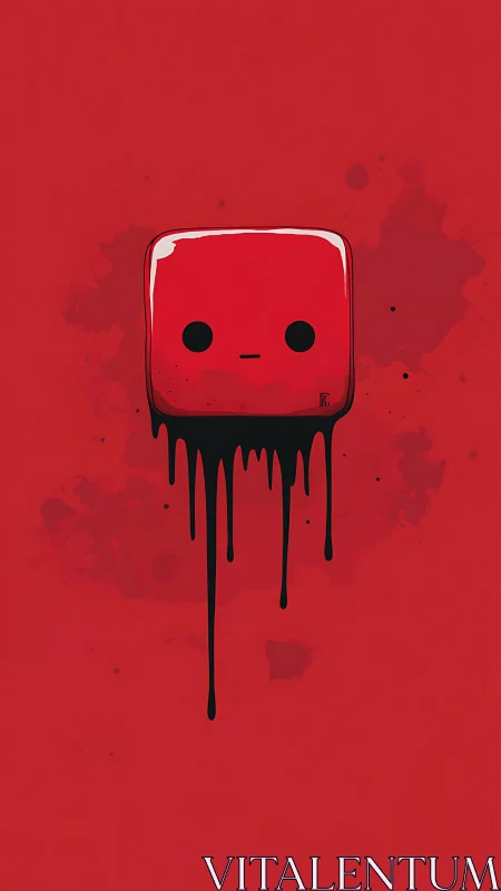 Dripping cube character quietly melts through scarlet silence