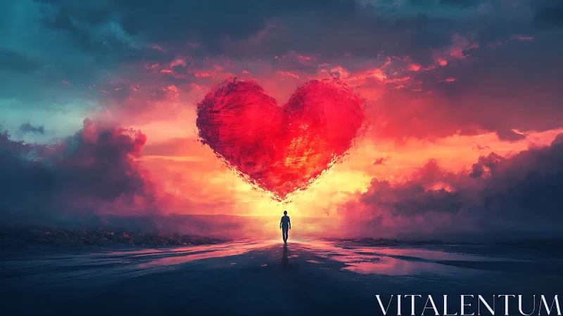 Figure Standing Before Luminous Heart in Sunset Sky.