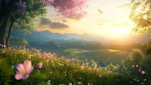 Sunrise meadow of blossoms welcoming a quiet new day.