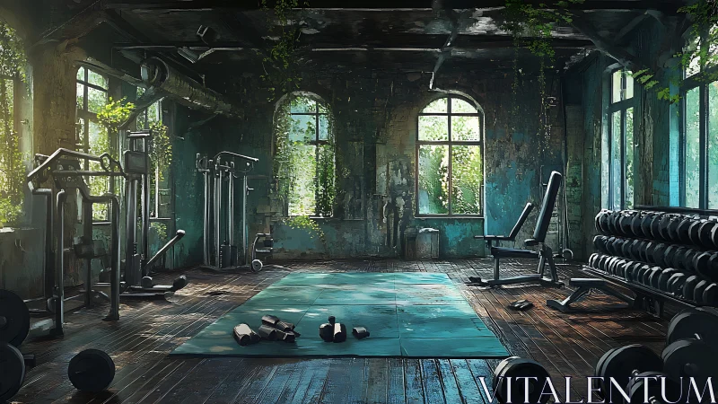 Sunlit abandoned gym merges rusted weights and wild vines.