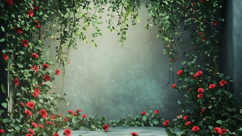 Crimson roses frame secluded emerald garden alcove wall.