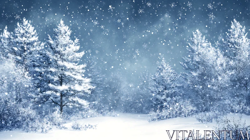 Snowy forest landscape under dense falling winter snow