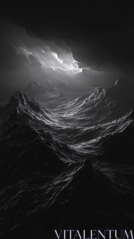 Dark storm-lit seascape with sharp waves and clouds.