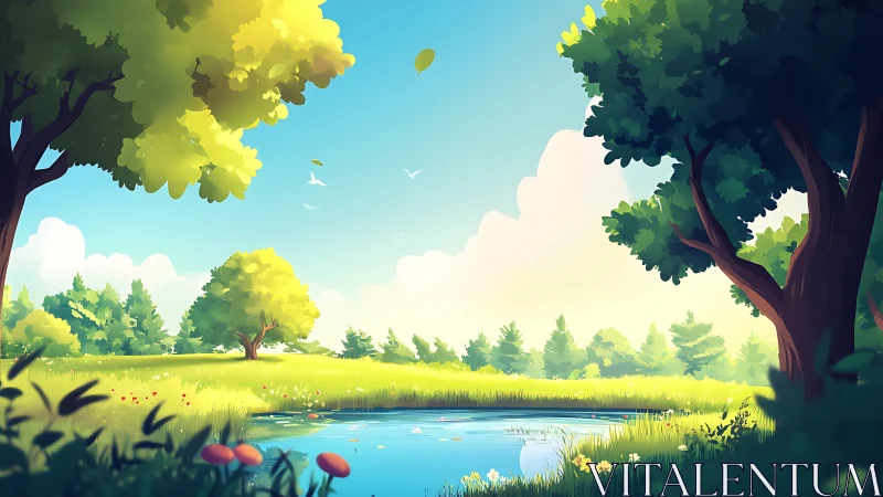 Tree-bordered meadow with central pond under clear sky.