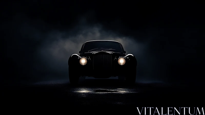 Low-key frontal portrait isolates a classic coupe in darkness