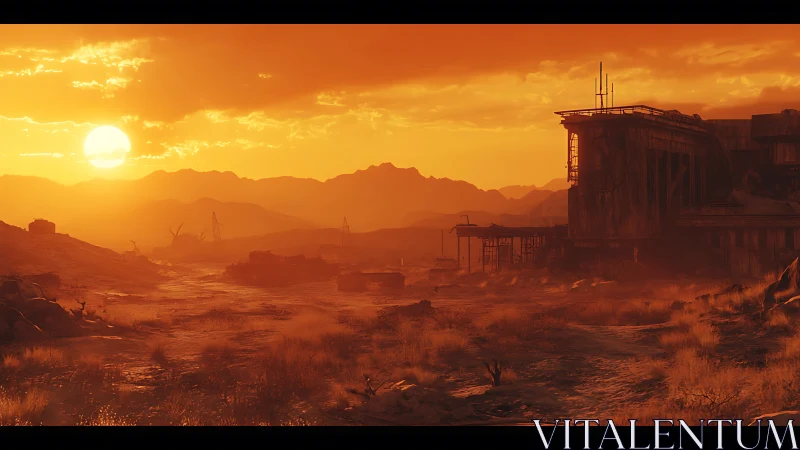 Desert wasteland sunset engulfs abandoned industrial ruins.