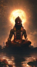 Radiant meditative deity before blazing golden halo.
