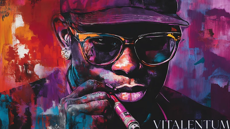 Urban portrait immersed in neon magenta painterly light.