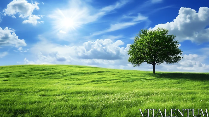 Single tree on green hill under bright midday sun.