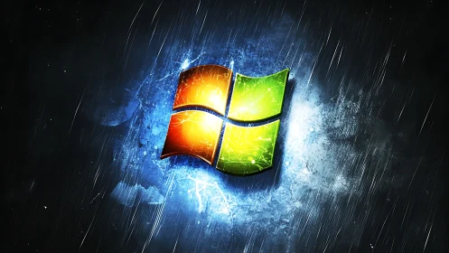 Glowing quad-pane OS emblem in storm-etched digital void.