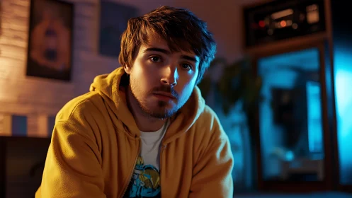 Cinematic portrait of young man in warm and cool split lighting