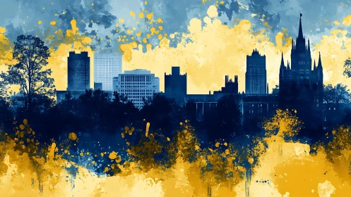 City skyline silhouette with abstract yellow and blue splashes.