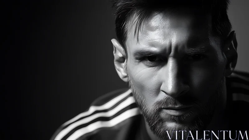 Sharply lit portrait of a determined bearded athlete in shadow.