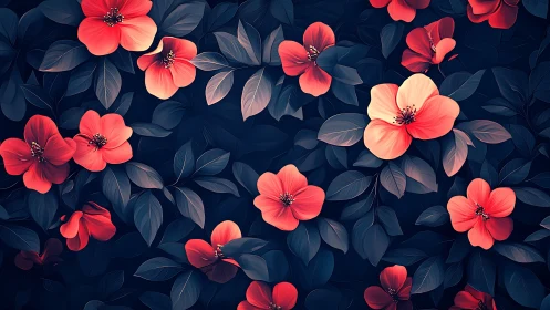 Digital Floral Composition: Red-Orange Blossoms Against Deep Navy Background